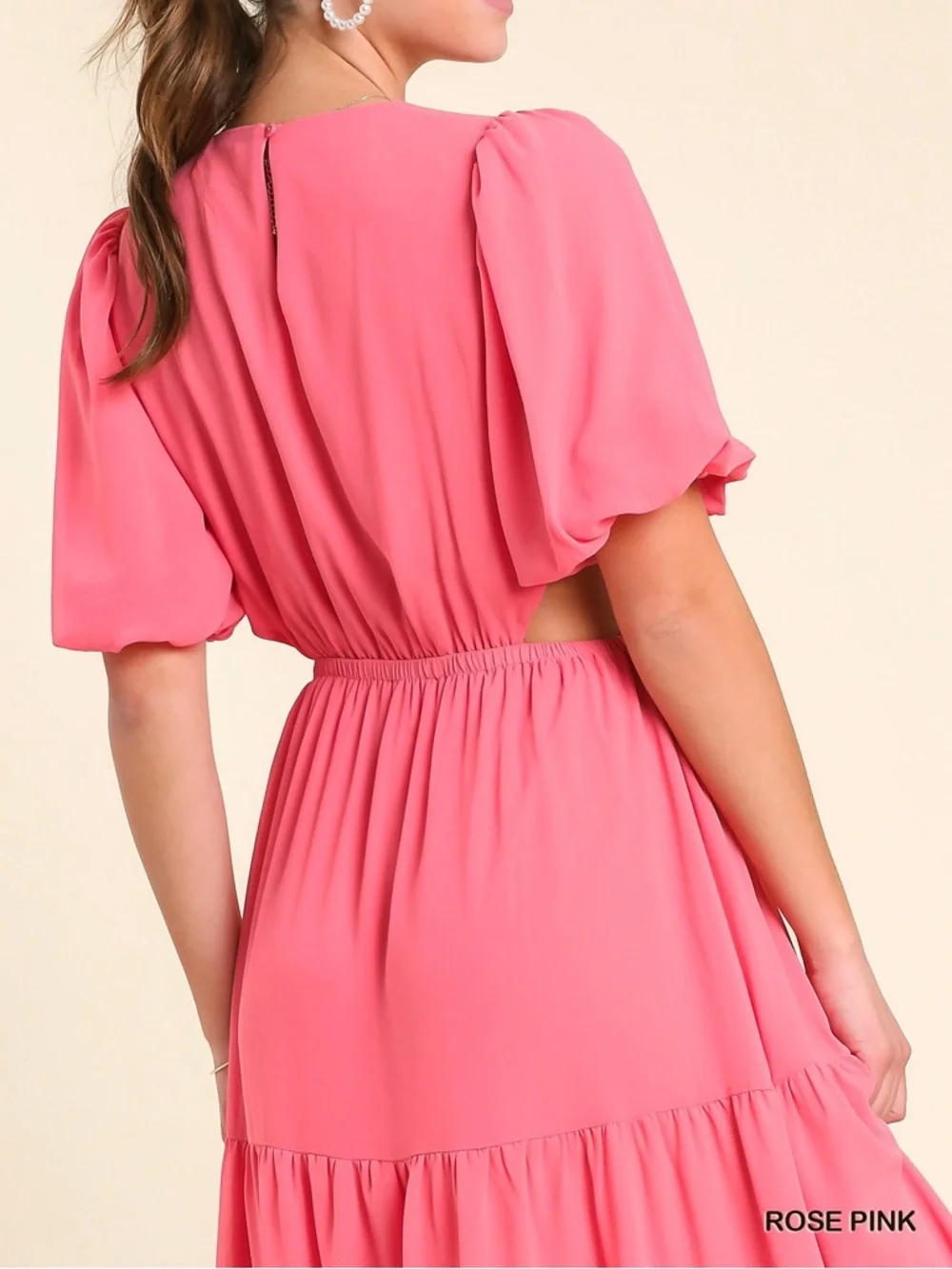 Umgee Round Neck Tiered Maxi Dress w/ Bubble Sleeves Cinched Waist Side Cutouts - Picture 4 of 4